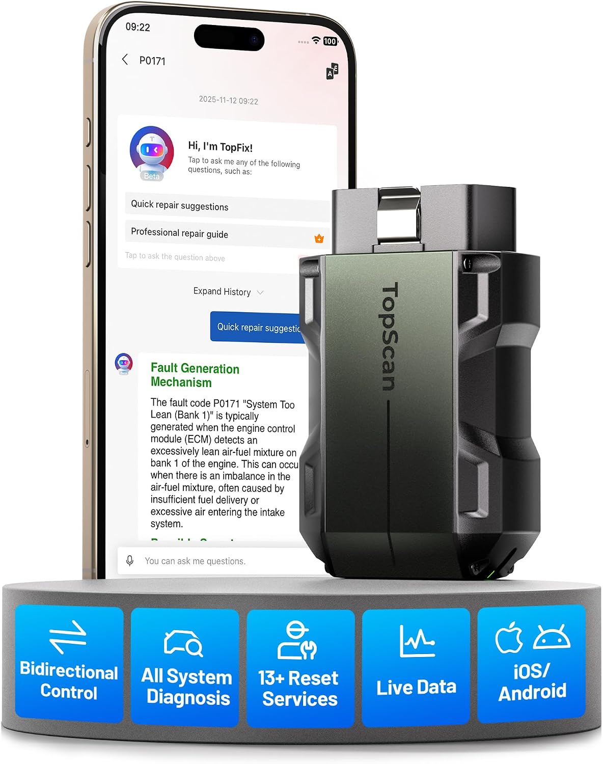 TOPDON TopScan Pro Bluetooth OBD2 Scanner – Bidirectional All-System Diagnostic Tool for iOS/Android, 13+ Resets, FCA AutoAuth, CAN-FD, AI Repair Assistant