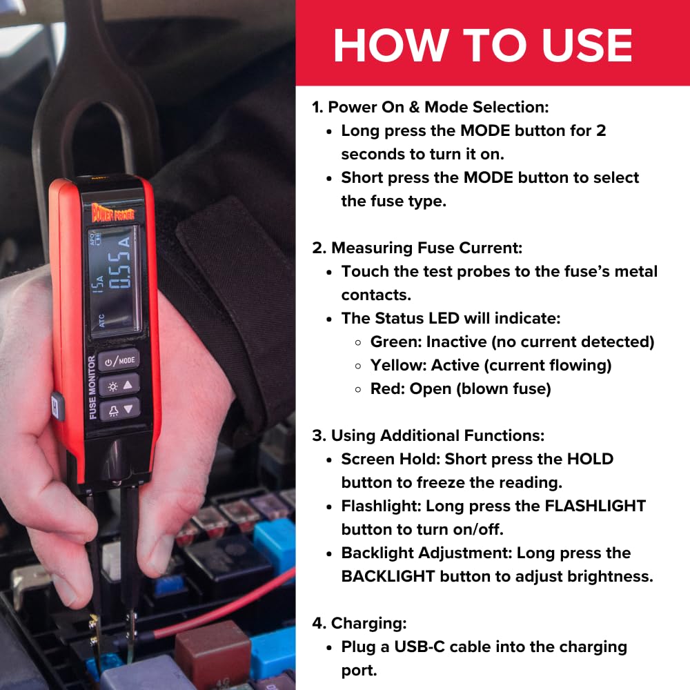 Power Probe 80A Fuse Monitor with Built-in Flashlight (PPFUSE)