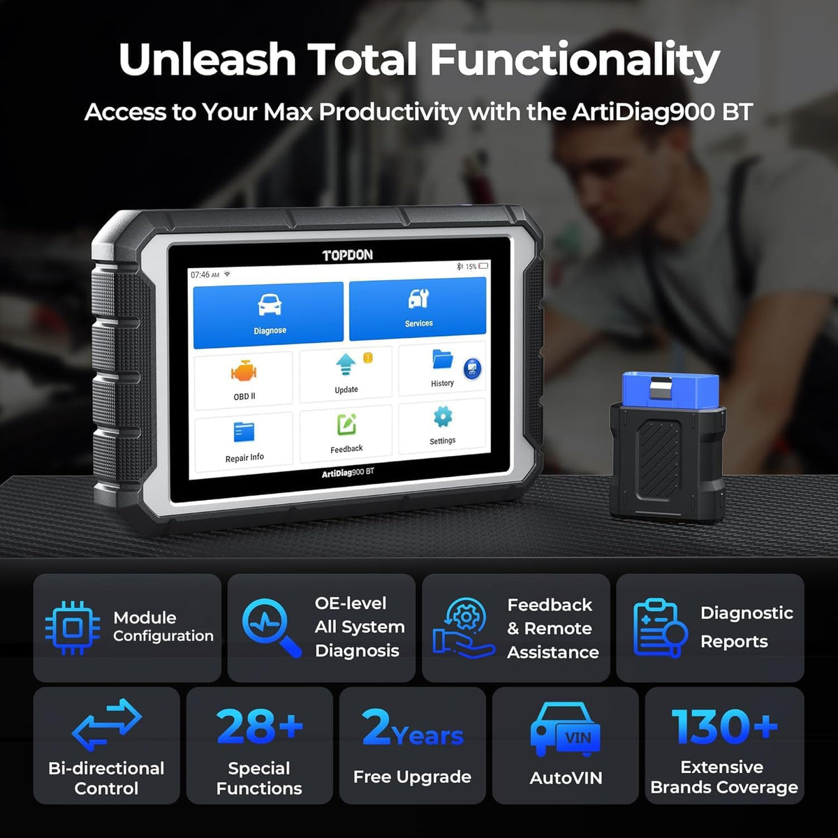 TOPDON ArtiDiag900 BT (AD900BT) 7" Bidirectional Scan Tool with ECU Coding, 28+ Services, 2 Years Free Updates