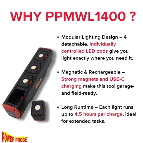 Power Probe PPMWL1400 1400 Lumen Modular Work Light with Detachable LED Pods